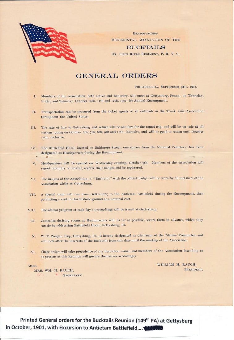 149th Pennsylvania Bucktails Reunion Documents .: 1896 & 1900 Reunion Booklets. 1901 Printed General Orders from 1901 Gettysburg reunion. Early 1900s Real Photo Postcard. 1896 Reunion Train Ticket & other Ephemera.