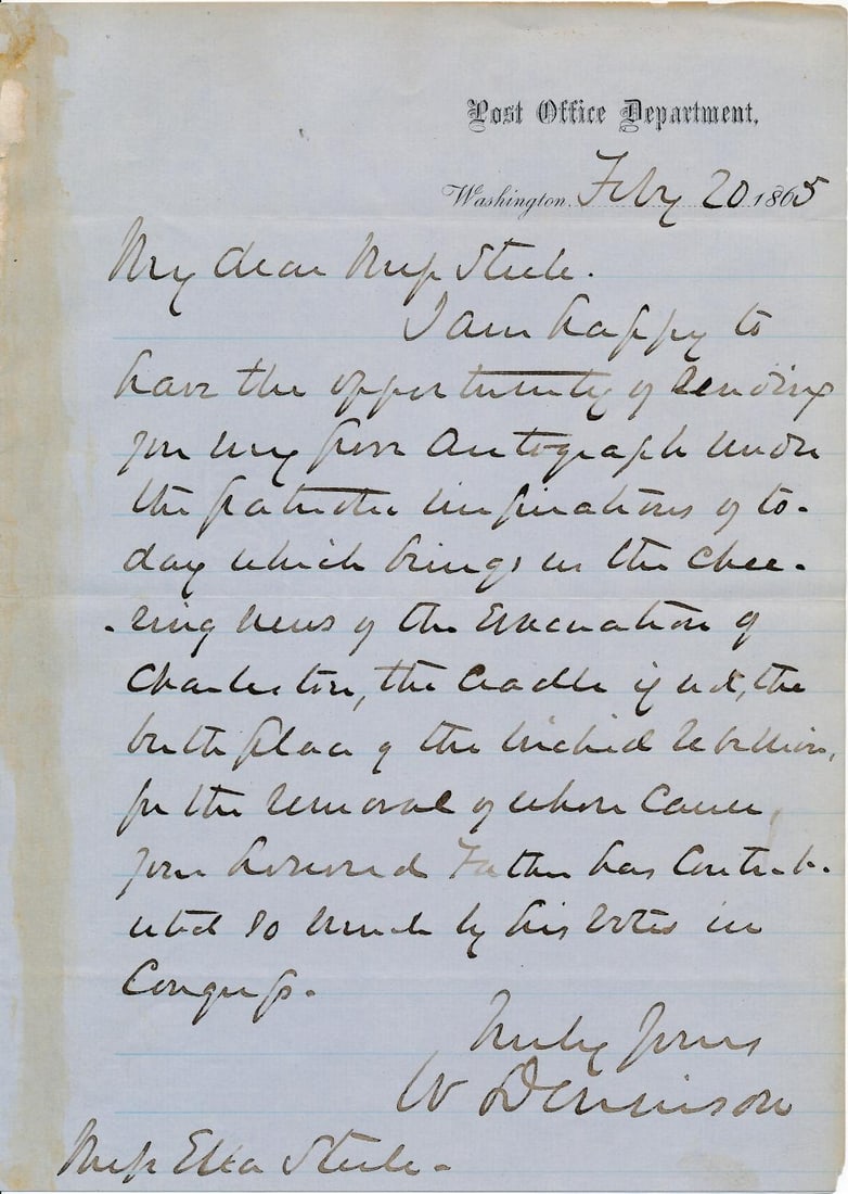 Lincoln's Postmaster William Dennison signed letter (1 of 2)
