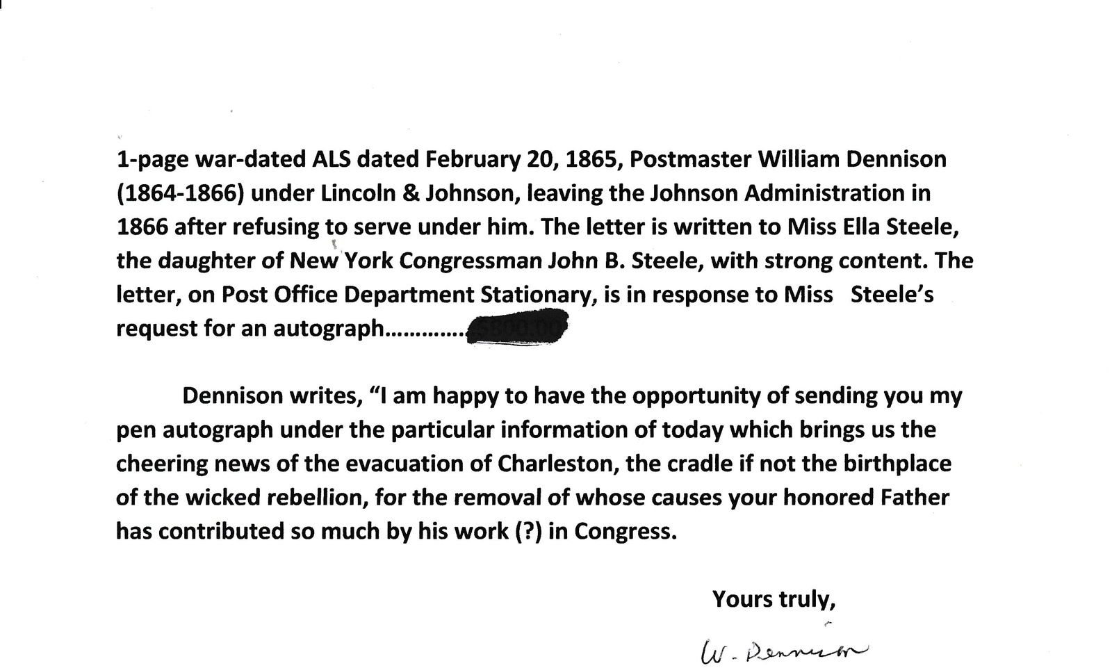 Lincoln's Postmaster William Dennison signed letter - 2