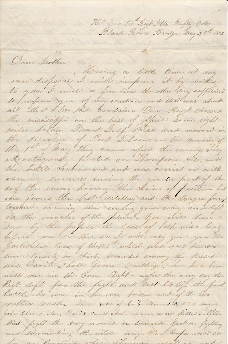 1863 Letter from 118th Illinois Soldier, etc.: 1863 Letter from 118th Illinois Soldier: Vicksburg, Black River Bridge, etc.