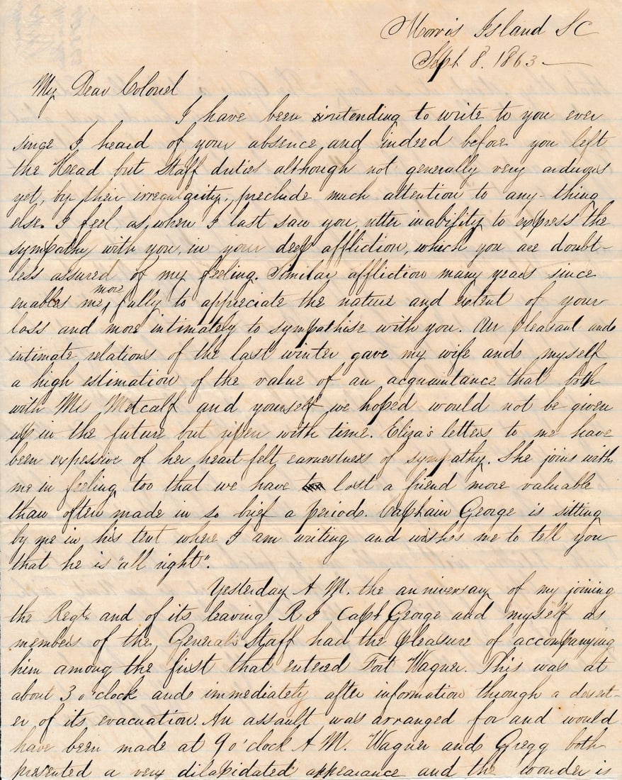 Charles Ray Brayton Morris Island, SC & others: Letters from Morris Island, South Carolina: Charles Ray Brayton & others. Two Letters to "Colonel" from Charles Ray Brayton RI 3rd Heavy Artillery and US Army 17th Infantry. Rose from 1st Lieutenant