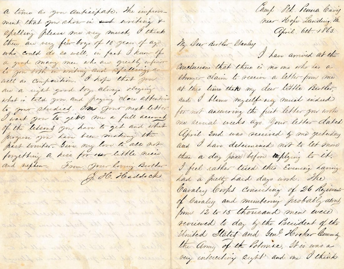Lt. Haddock PA 8th &15th Cav. Letters & CDV: Lt. J. Hazelton Haddock L. Co, PA 8th &15th Cavalry Letters & CDV. Letter written by Haddock discussing a Review of the Troops by President Lincoln and General Hooker. A CDV of 1st Lieutenant