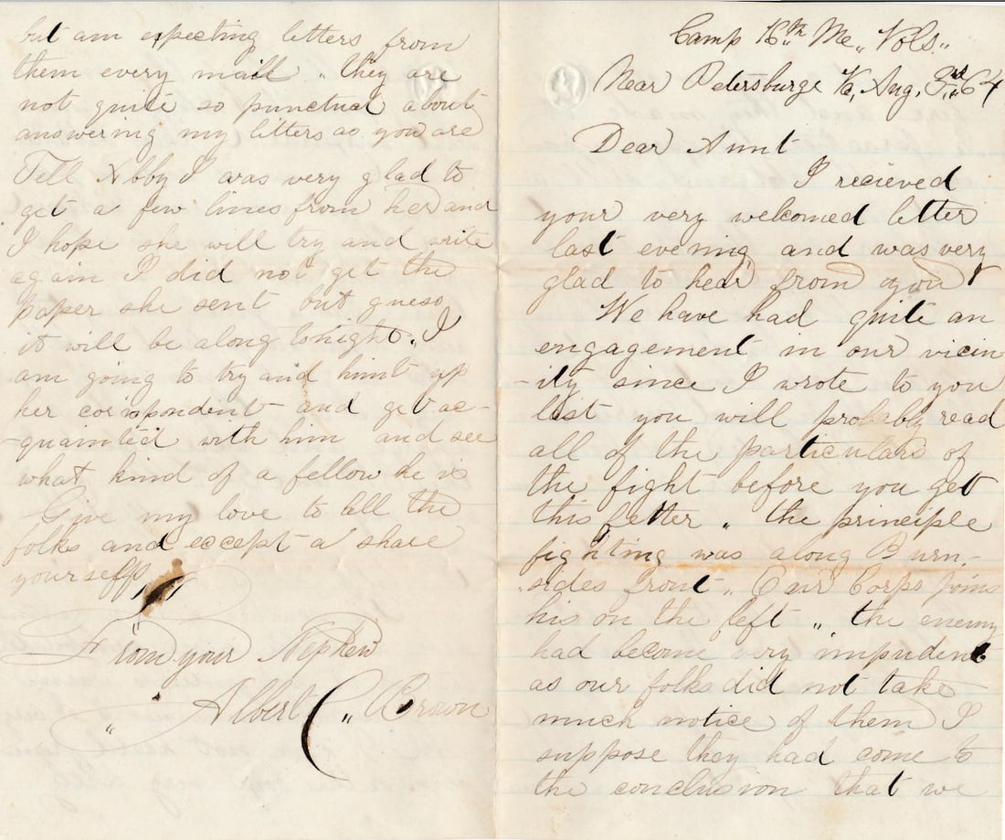 Alfred C. Brown ME16th Infantry - Burnside's Front: Alfred C. Brown Maine C. Co. 16th Infantry Engagement along Burnside's Front. Content: Battle of the Crater