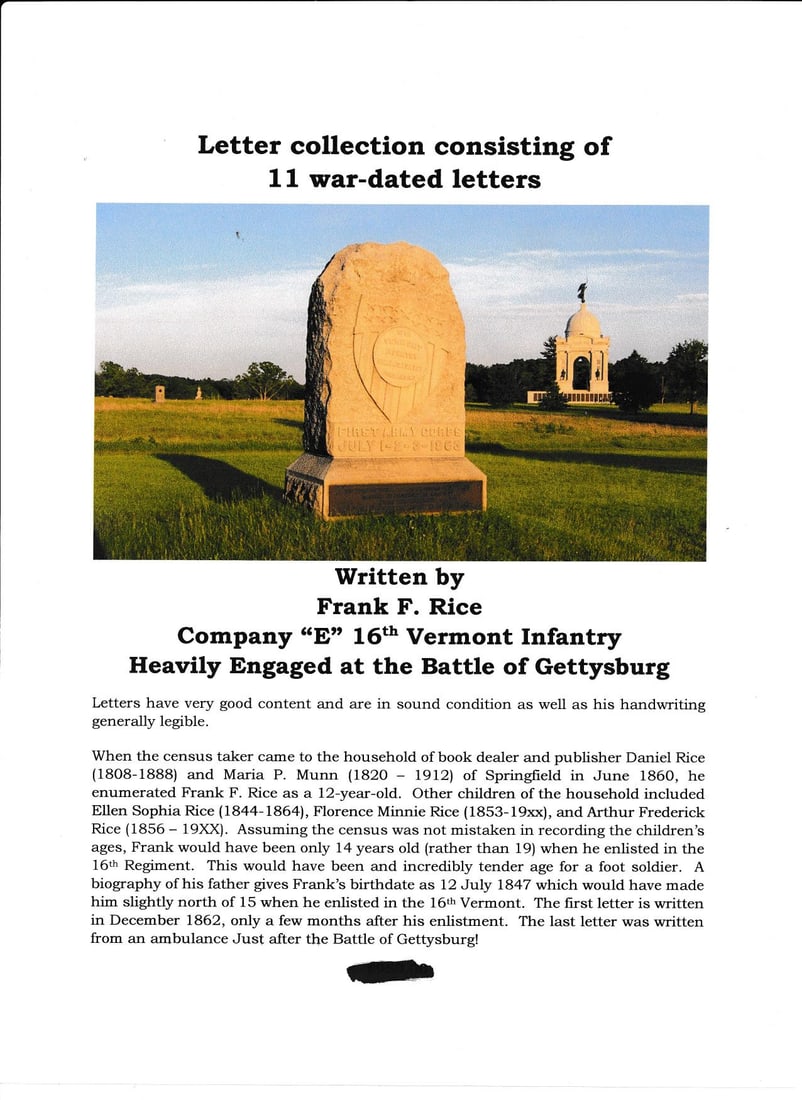 Frank F. Rice 16th VT: Gettysburg related letters (1 of 17)