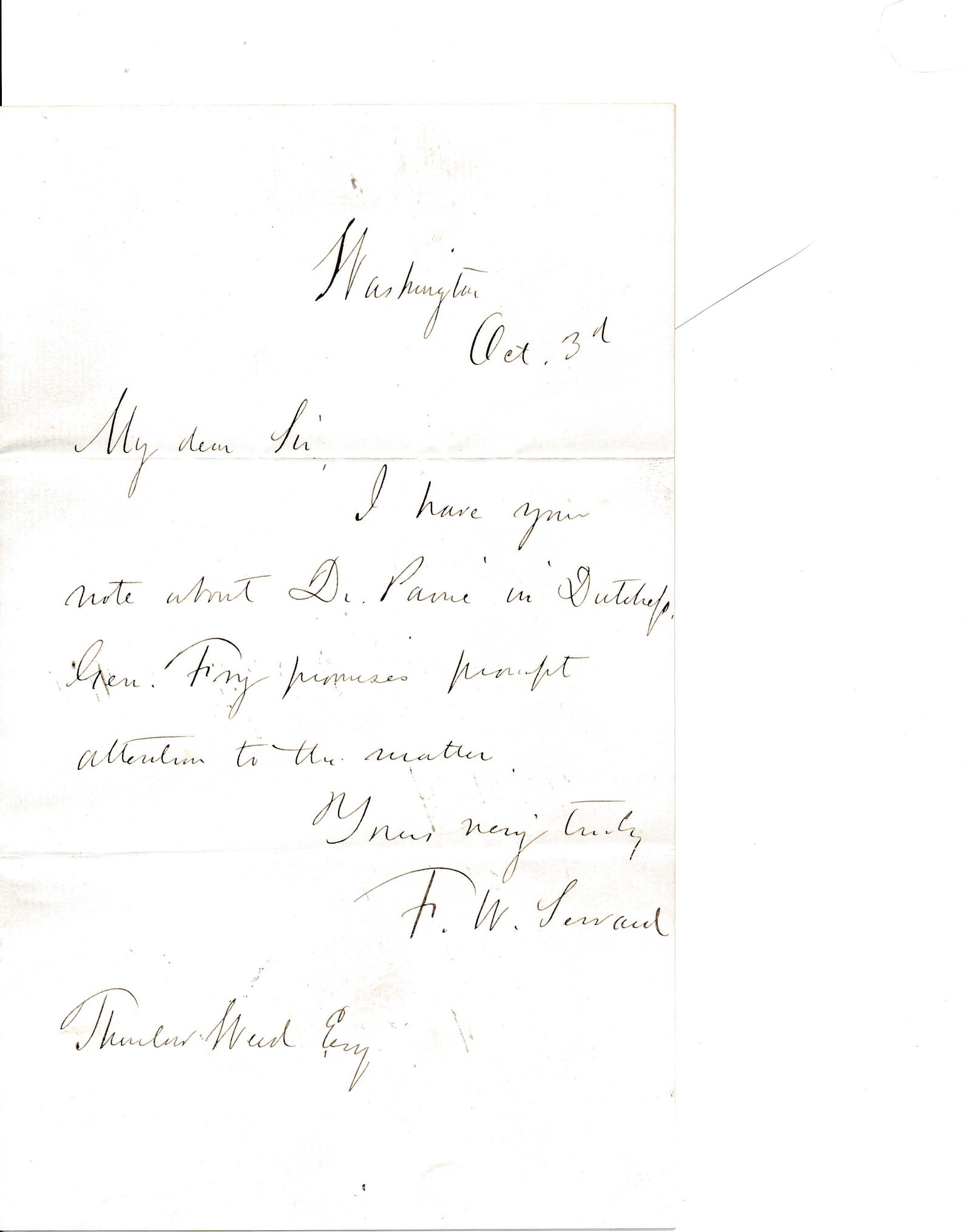 Frederick Seward Assistant Secretary of State letter (1 of 4)