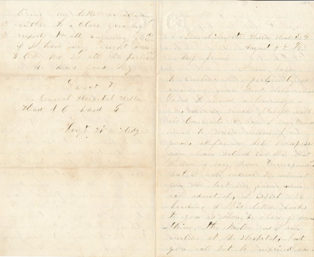 Sgt. William Hedges, Wounded and Captured: Sgt. William Hedges, Wounded and Captured during the Union Charge on Ft. Wagner. Letter and postal cover dated August 4, 1863 from General Hospital in Hilton Head S.C. He writes of his wounding and ca