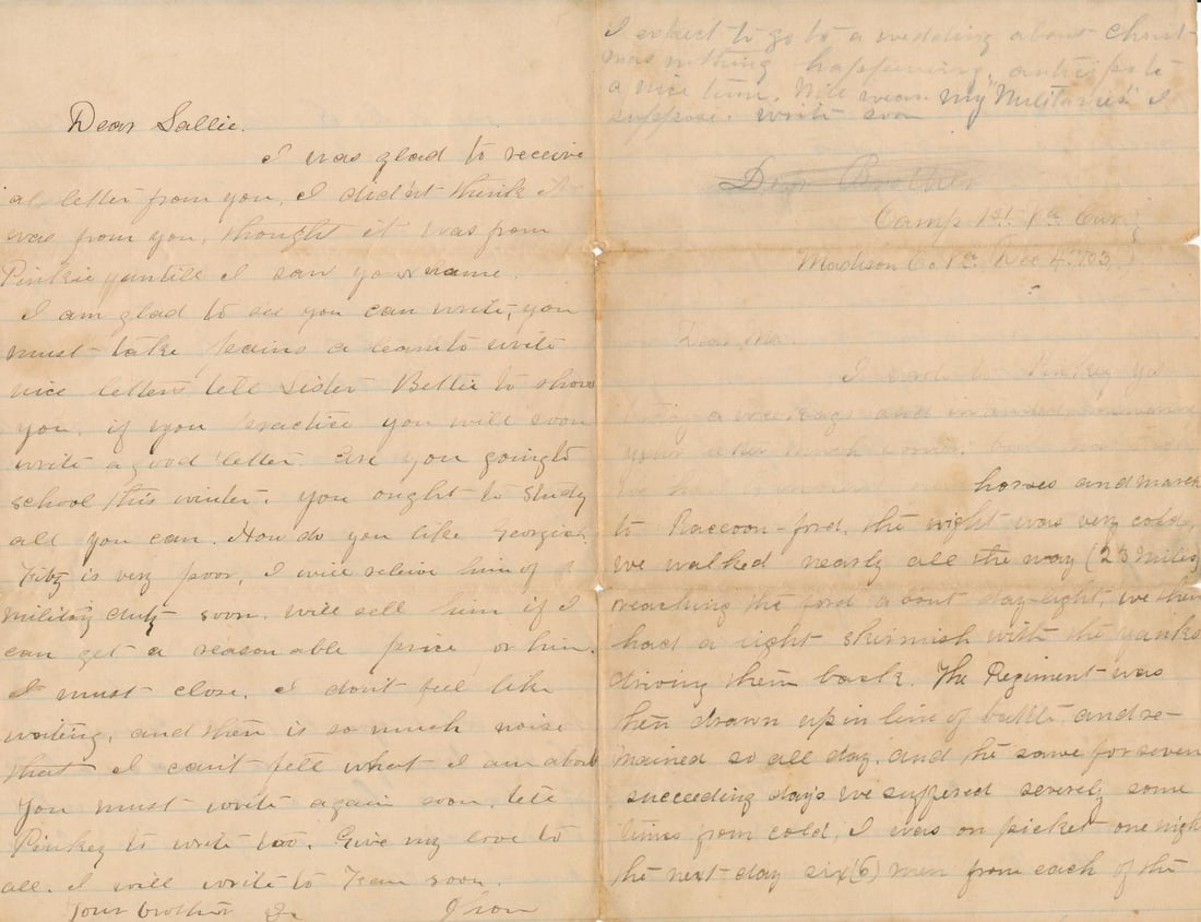 Pvt. John Gibbons JEB Stuart Battle Raccoon Ford: Pvt. John Gibbons JEB Stuart Battle at Raccoon Ford; Lee and Meade at Mine Run. Letter from Pvt. John Gibbons, 1st Virginia Cavalry (JEB Stuart) with details on their battle at Raccoon Ford and mentio