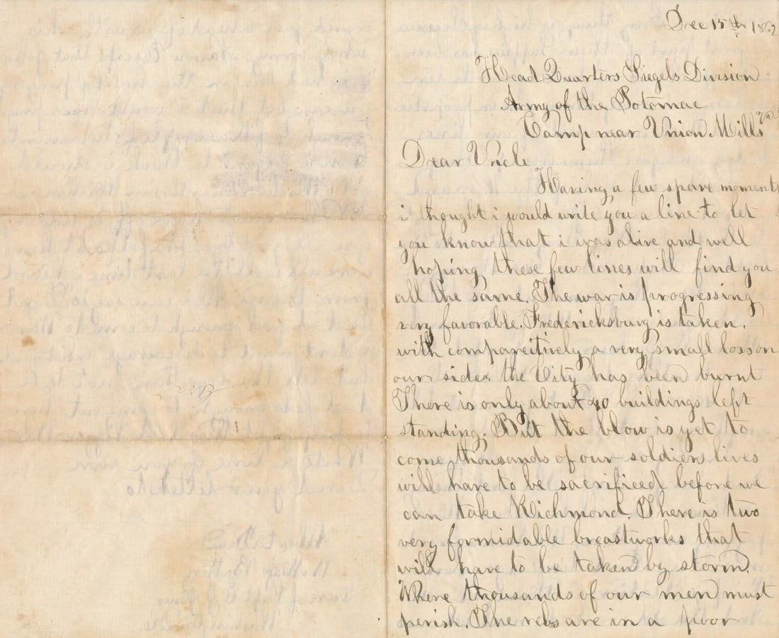 Albert Bean Army of the Potomac Letter (1 of 4)