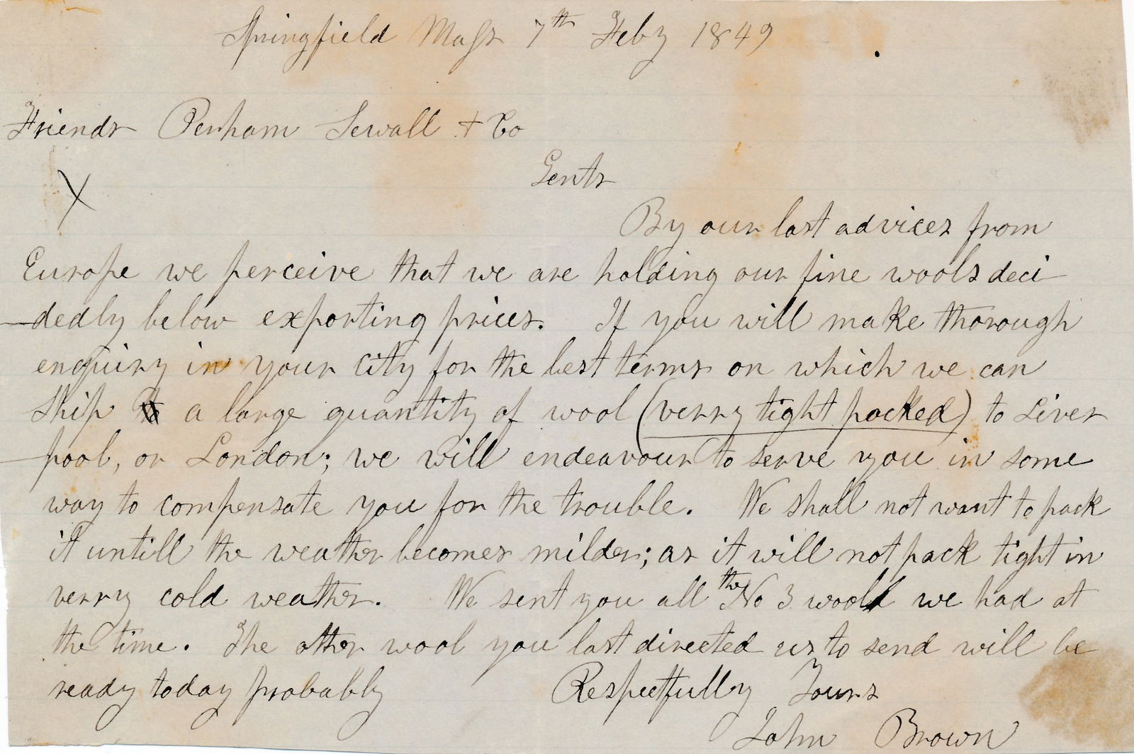 John Brown Springfield MA wool business letter (1 of 2)