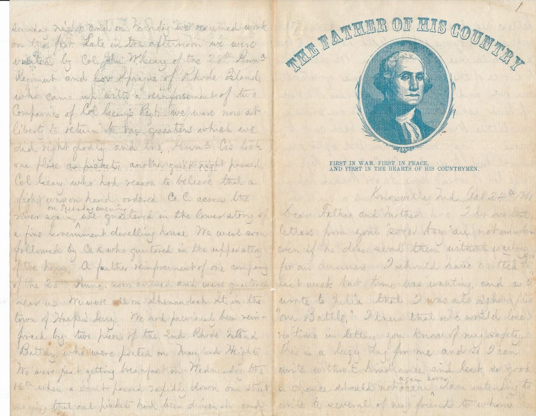 Mass 13th Soldier Battle of Harper's Ferry account: October 24, 1861 Battle of Harper's Ferry account from Co. C Mass 13th Soldier. Letter from Oliver Walker of Boston to his parents. Includes his hand drawn map of Harper's Ferry. Discusses surviving b
