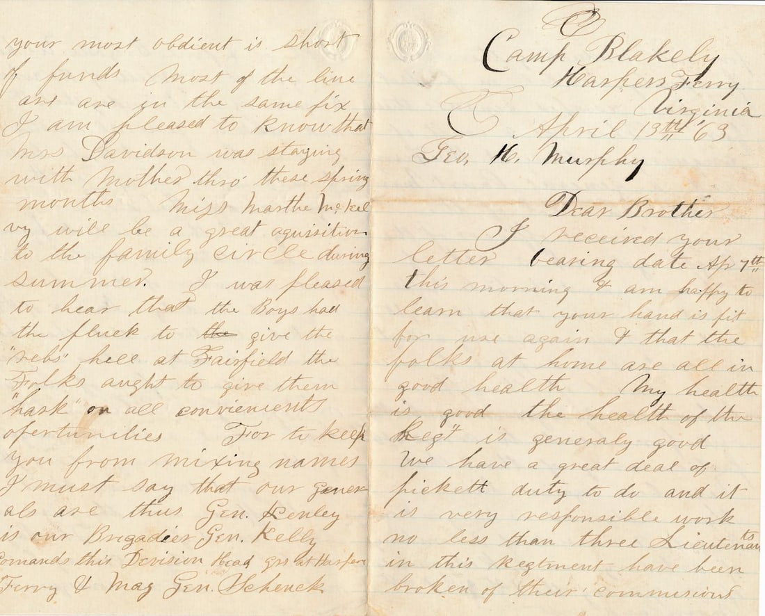 Eldridge Davis PA 177th Inf., Harper's Ferry letters: 1863 Harper's ferry related letters - Eldridge Davis B Co. PA 177th Infantry, etc. Eldridge states that General Meade ordered them to report to the defense of Harper's ferry under General Slocum. Anot