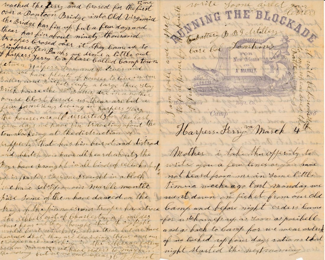 1862 Harper's Ferry Patriotic Letterhead & others: 1862 letter from Harper's Ferry on "Running the Blockade for New Orleans and A Market" letterhead. Says: "We ghave orders to march in the morning, but we know not where. Two letters from Barney Young
