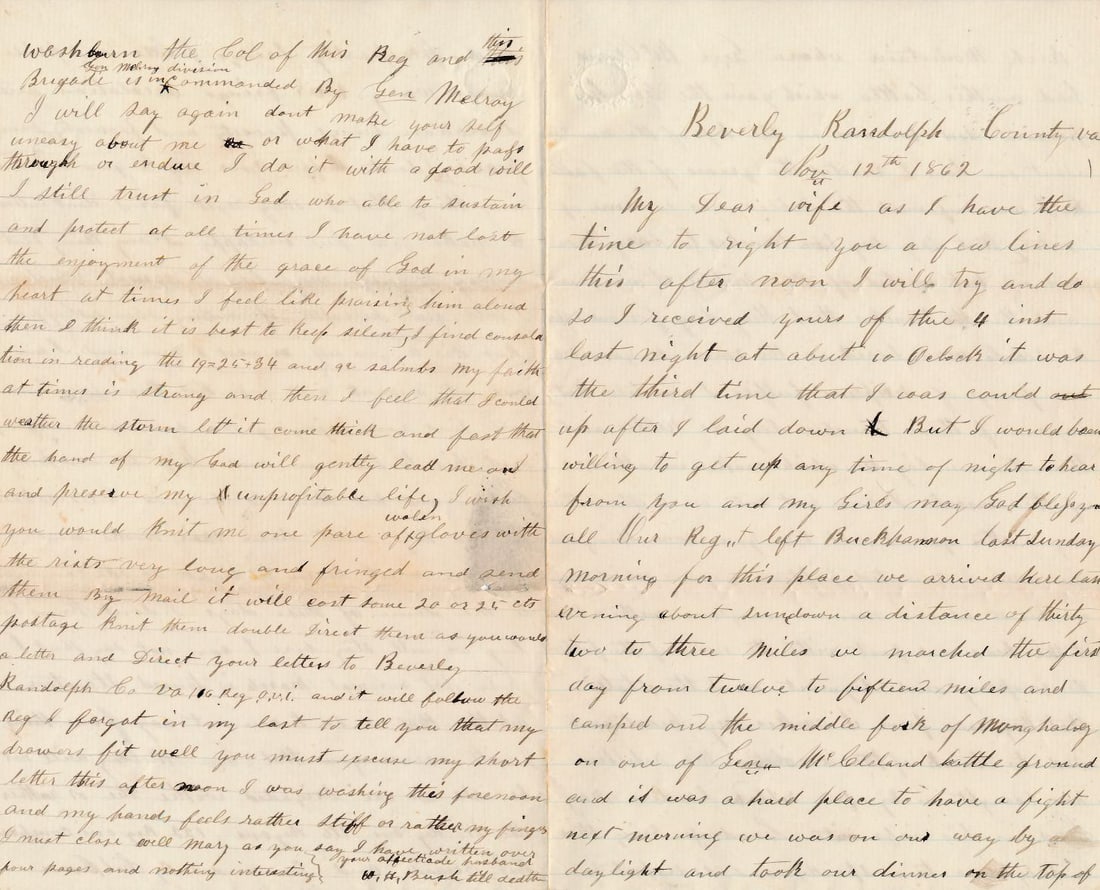 West Virginia & William H. Bush Ohio 116th Infantry: West Virginia Civil War letters: William H. Bush B Co. Ohio 116th Infantry. Nov 12th, 1862 Bush letter to wife about being on the battleground where McClellan fought. Says that the Confederate soldier