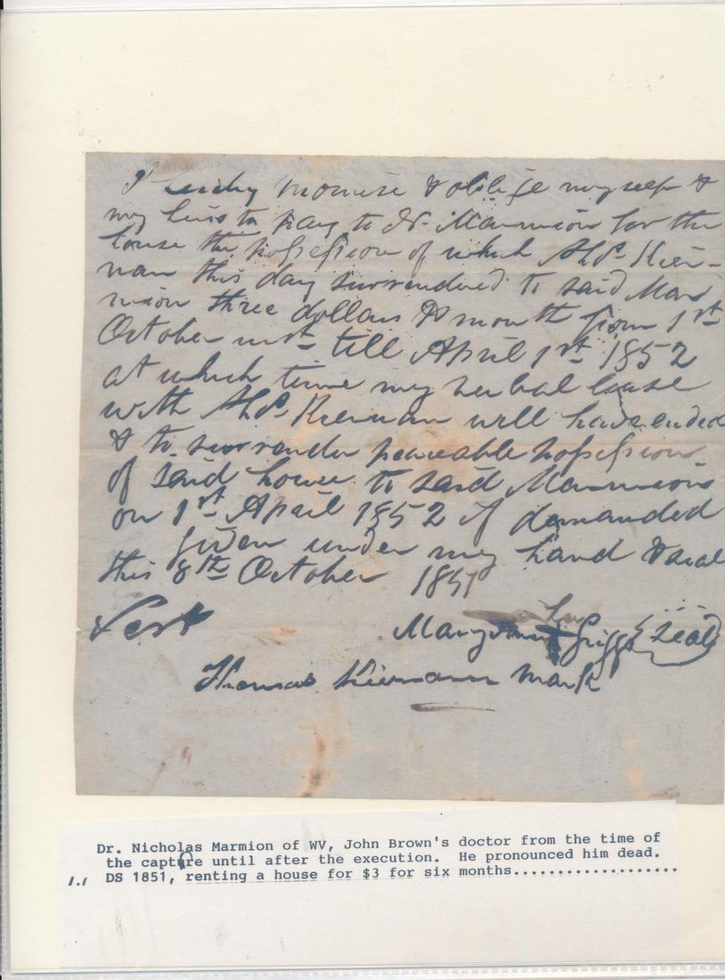John Brown Judge, Doctor and other signed letters: August 2, 1855, Harpers Ferry, VA, signed by George Mauzy (1799-1883), Mayor of Harpers Ferry, Armory Employee, Father-in-Law of CSA Lt. Col. John H. Burton (His Mini-Ball was used by Army during Civi