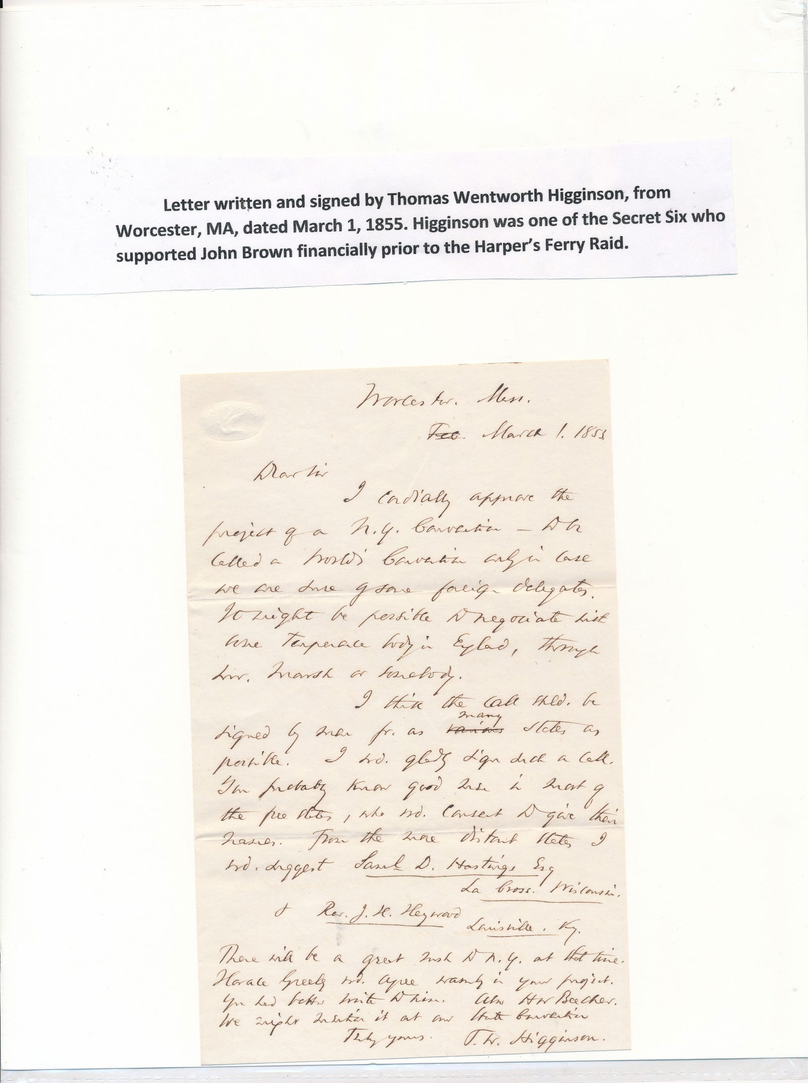 John Brown "Secret Six" signed letter & Gerrit Smith (1 of 2)