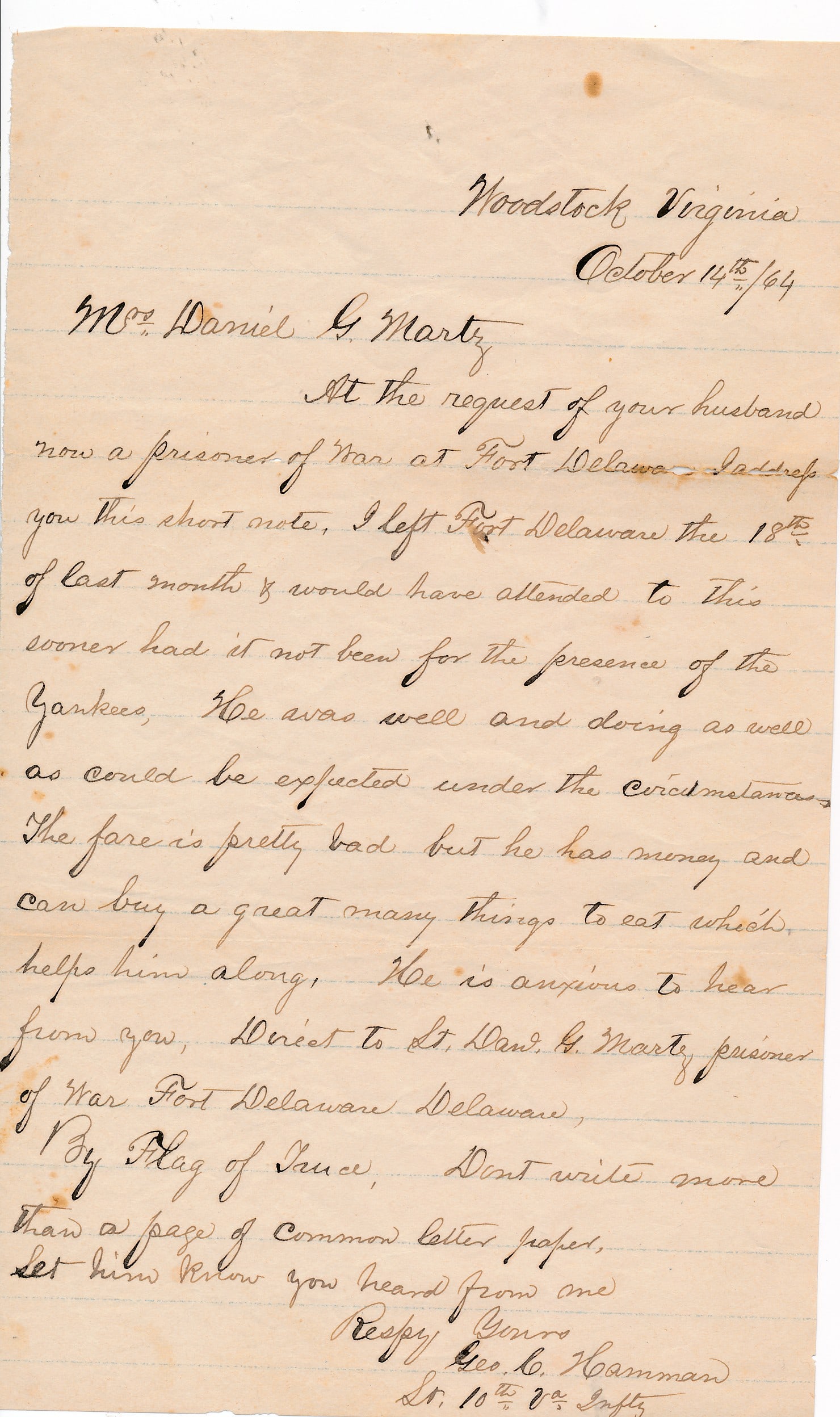 Shenandoah Valley letters: Confederate POW: Shenandoah Valley related Civil War letters: Letter about Confederate POW. October 14, 1864 letter to Mrs. Daniel Martz from George Christopher Hamman F Co. Virginia 10th Infantry regarding the captur
