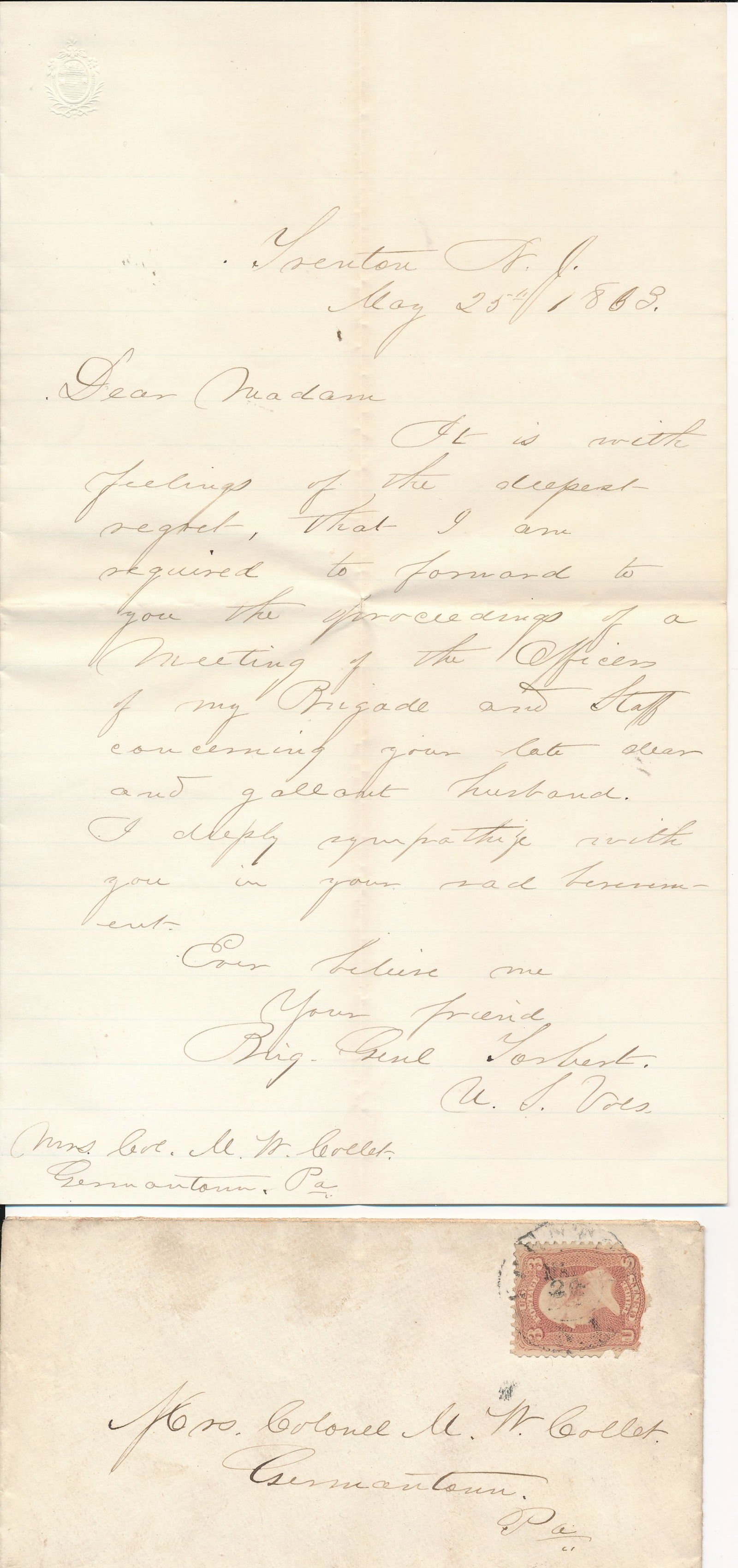 1863 Brig Gen Albert Torbert letter to Collett widow (1 of 2)