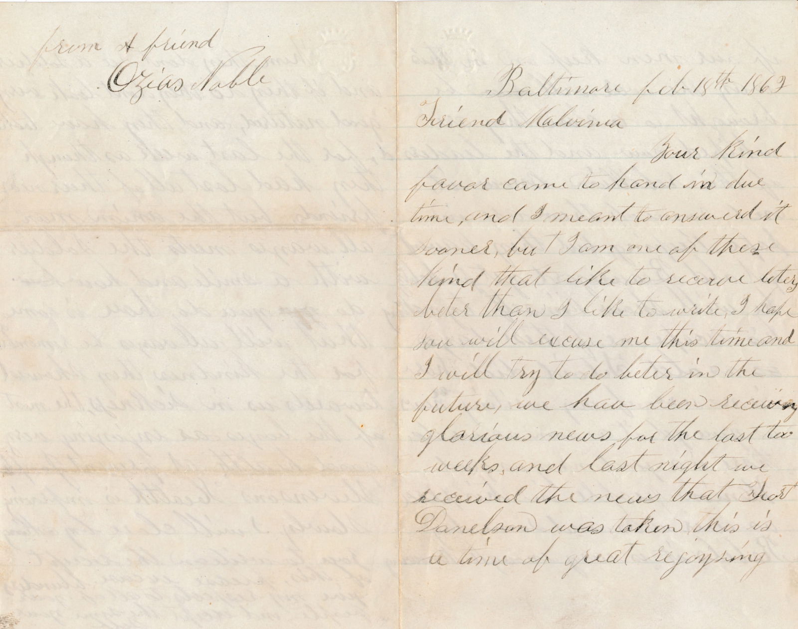 Ozias Noble Michigan 10th writes of "glorious news" (1 of 20)