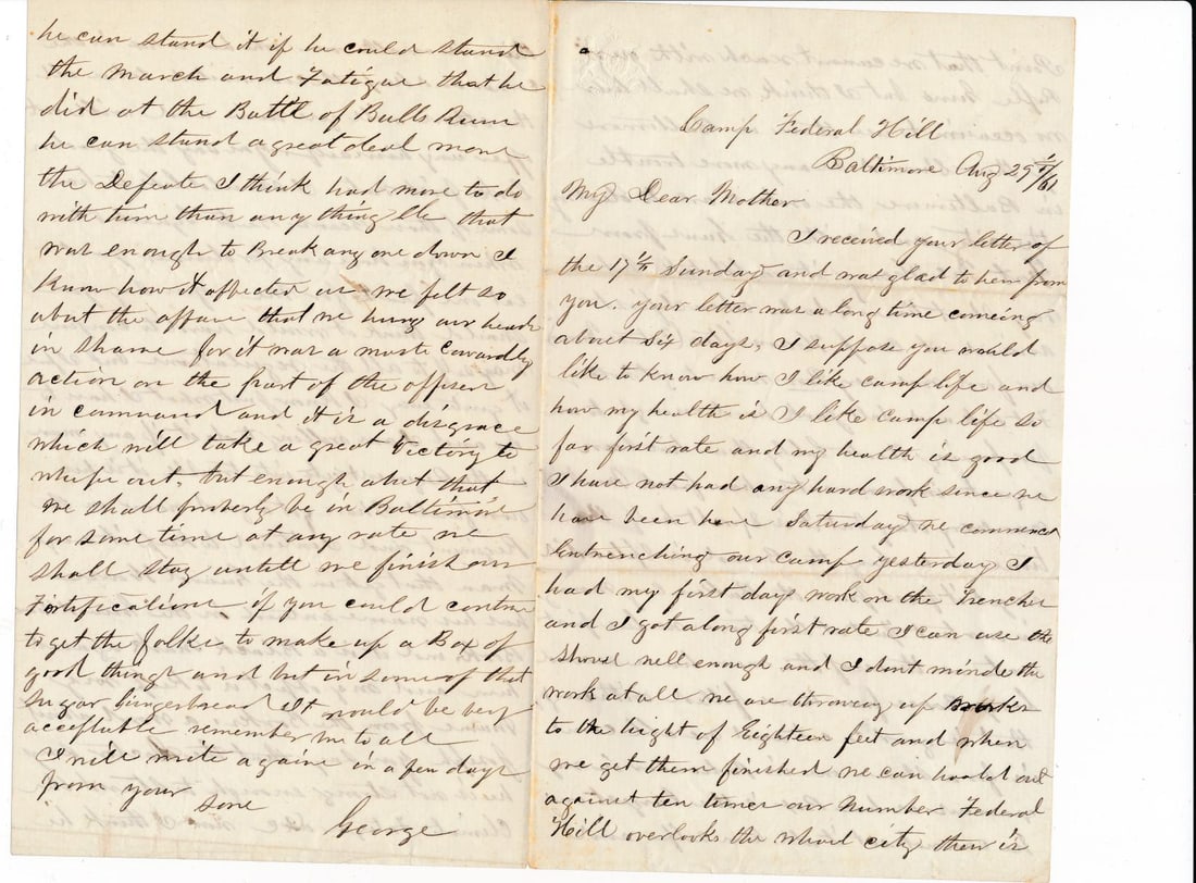 5th NY Regiment Duryee's Zouaves burn Baltimore: 1861 letter from 5th NY Regiment Duryee's Zouaves about burning Baltimore. 1861 letter from Camp Federal Hill Baltimore. Soldier writes that: "If trouble in Baltimore, the orders are to destroy the ci