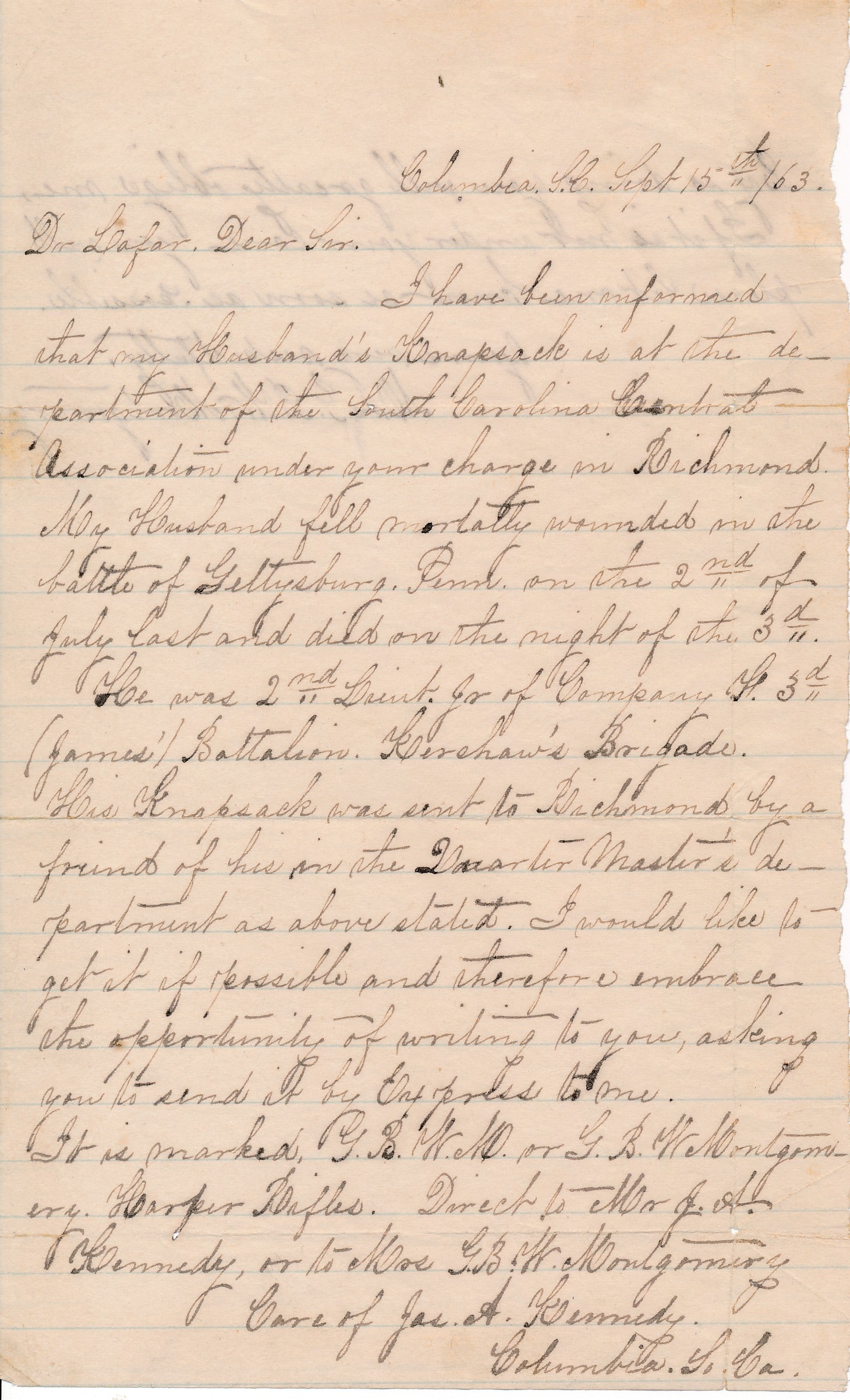 Green F. Montgomery SC 3rd Battn. Inf. KIA wife: Mrs. Montgomery letter regarding husband Green F. Co SC 3rd Battalion. Infantry KIA. September 15, 1863 letter to Dr. LaFar (in charge of the Confederate Hospital Bureau in Richmond) asking for the re