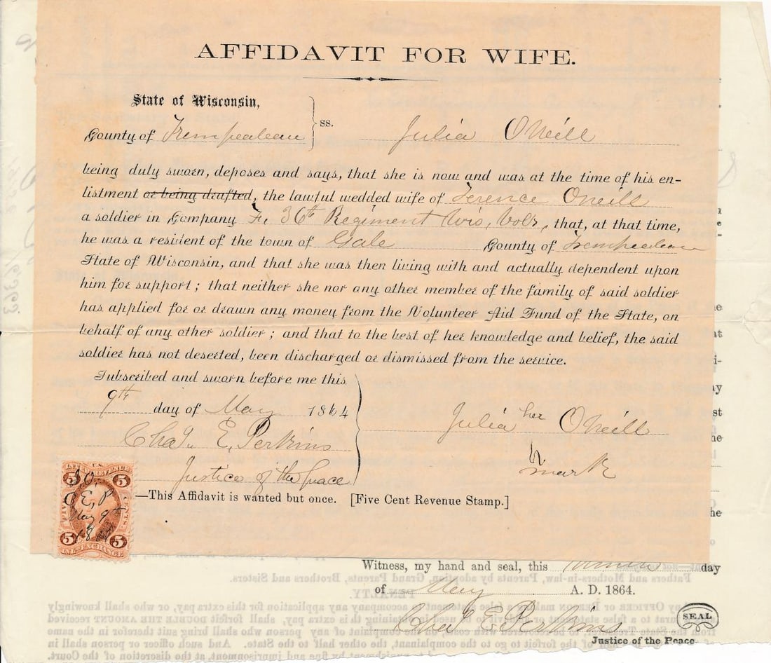 36th Wisconsin Wife Aid application her & 6 children: 1864 36th Wisconsin (2nd Corps), Wife's Aid application for her and her 6 children. 1st Lieutenant William Marland embossed postal cover. Marland was Medal of Honor winner. Other documents.