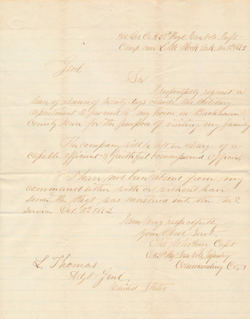 Capt. Otis Whitney Leave Request, Iowa Vols, etc. (1 of 20)