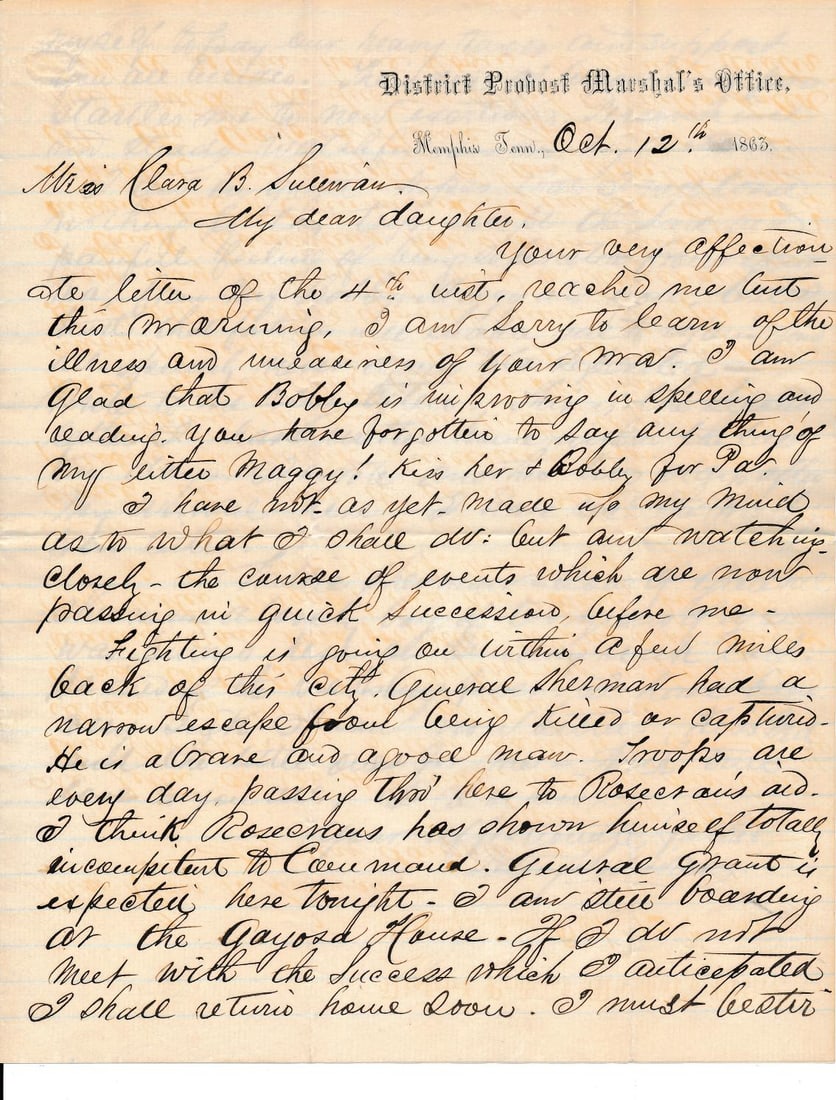 October 12. 1863 Resigned Bvt. Brig. Gen. Peter G. Sullivan letter & others.: 1863 laminated letter from hospitalized soldier. Other letters.