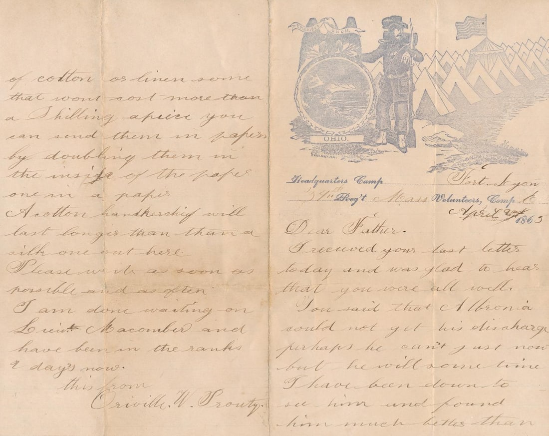 Orville W. Prouty Mass 34th Regiment Letter: Orville W. Prouty Massachusetts 34th Regiment Letter to New Salem, MA. Some Letters on Patriotic Stationary. Mentions the Color bearer Corporal Gaige being Killed and Private McDaniels being Wounded i