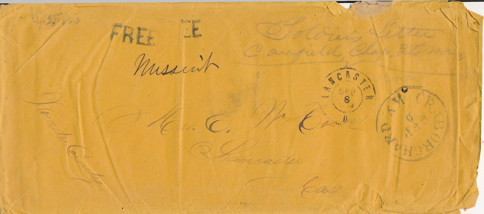 Charles Howe 36th Mass Regiment's Travel Details: Charles Howe 36th Mass Letter with Details of the Regiment's travel. Sent from Crab Orchard, Kentucky to Lancaster, Mass.
