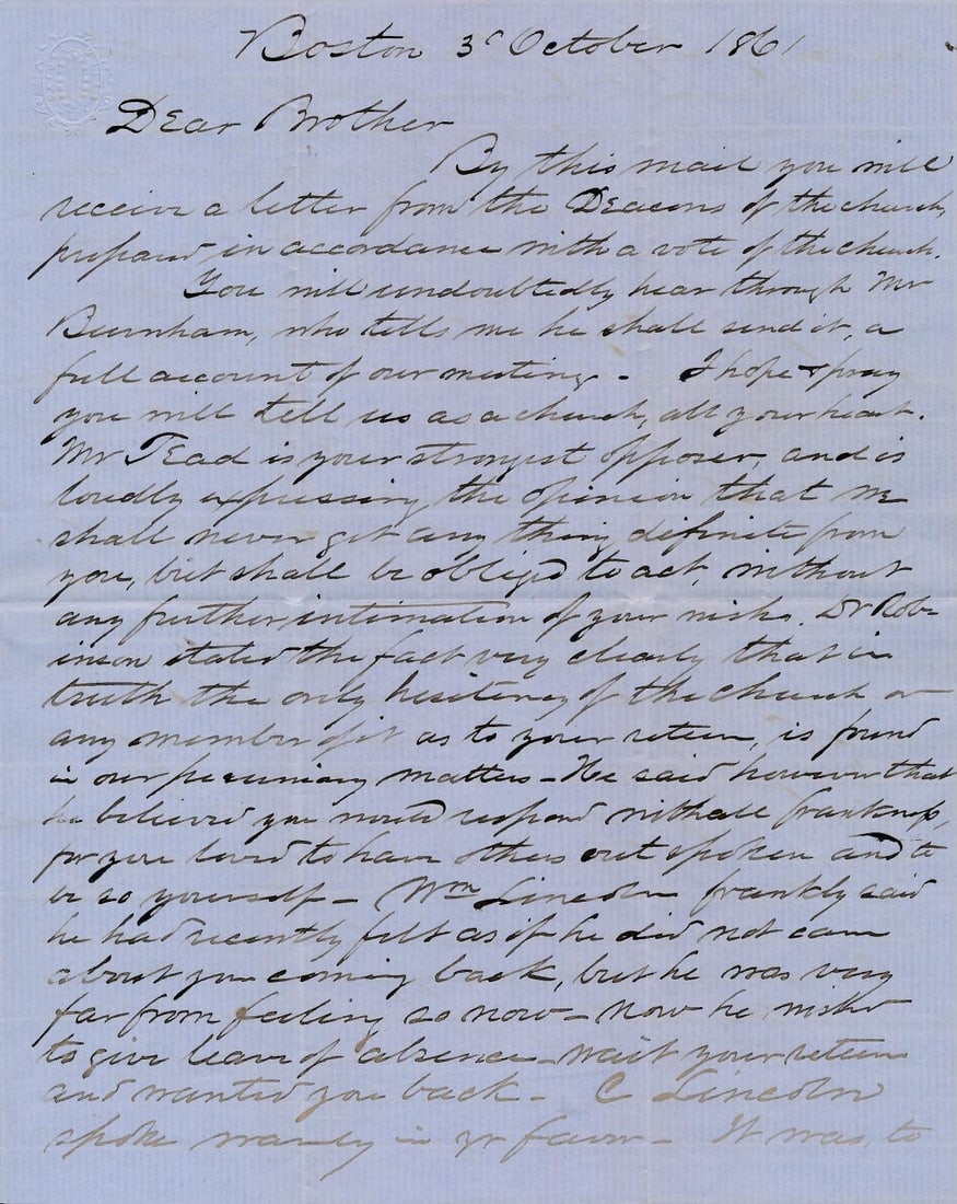 Civilian Letters to Chaplain Alonzo Quint 2nd Infantry: Civilian Letters to Chaplain Alonzo Quint Co. A 2nd Infantry. Letter to Quint informing him that His Position is being Threatened by members of His Congregation