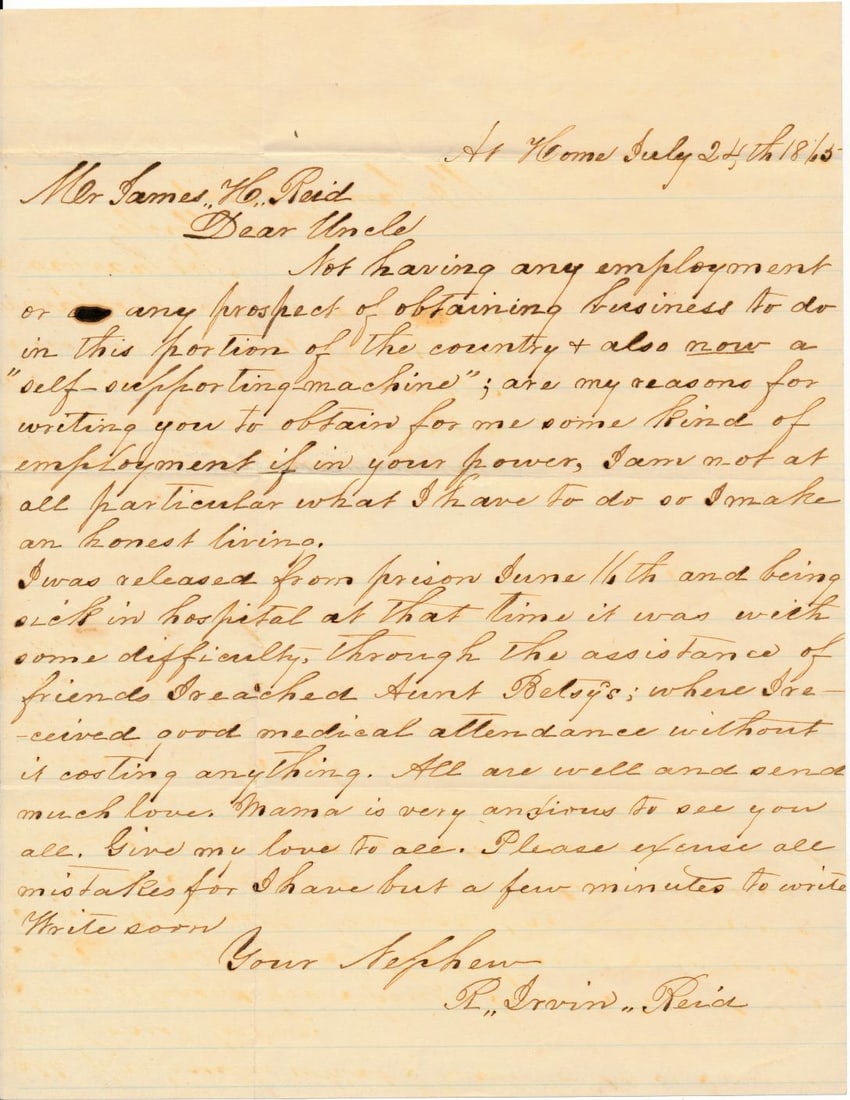 Pre-Civil War letters: James Henry Reid Jr. & others (1 of 20)