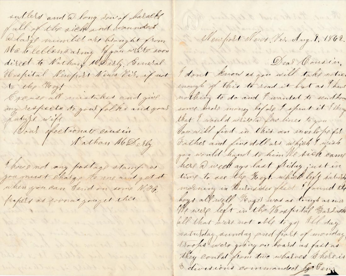 Nathan Derby NH 6th Infantry letter, VA hospital, etc. (1 of 20)