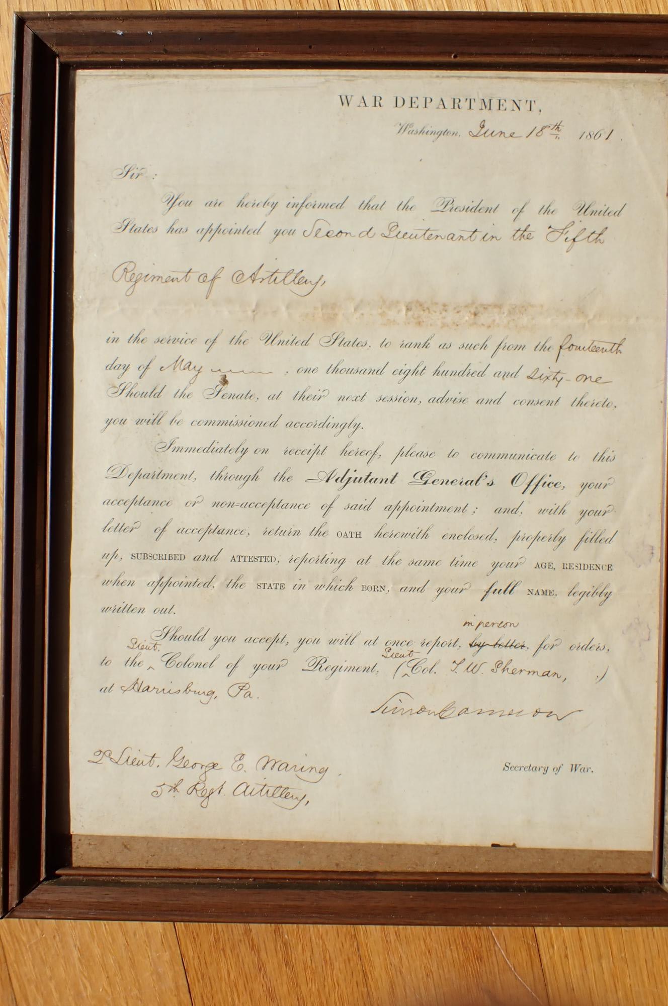 1861 Appointment Letter 2nd Lt. in 5th Reg. Artillery (1 of 7)