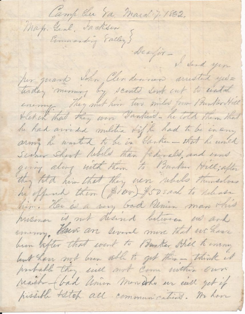 1862 Letter to General Thomas (Stonewall) Jackson (1 of 4)