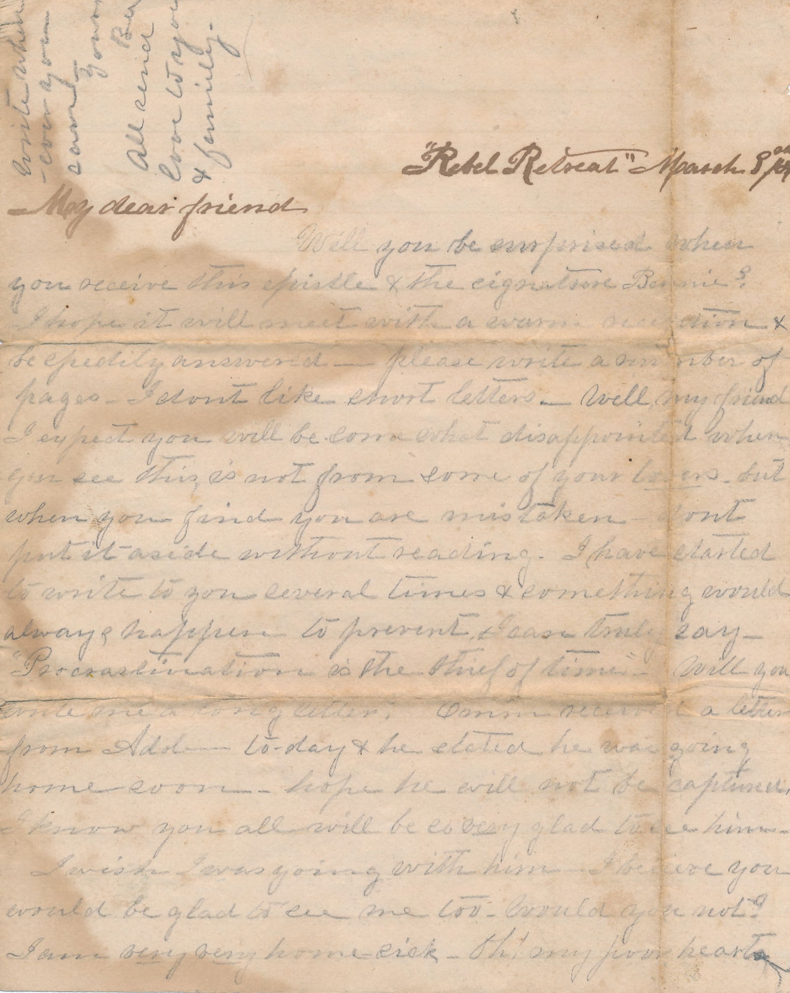 Northern Virginia Adolphus Jenkins 2nd Regt, etc.: Army of Northern Virginia Letter Adolphus Jenkins Co. H. 2nd Regiment. Letter to Miss Dora Jenkins Care of Mr. Adolphus Jenkins Co. H. 2nd Regiment I Va. Cavalry Army of Northern Virginia