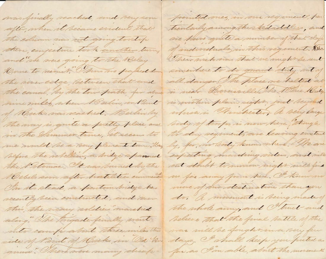 Shenandoah Valley MA 35th Regiment written: Letter from MA 35th Regiment written near Shenandoah Valley. Letter mentions Harper's Ferry, Winchester, & Blue Ridge Mountains.