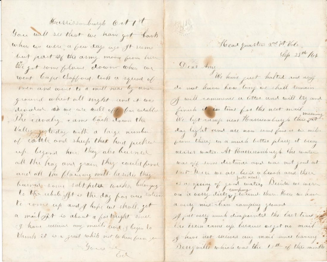 1864 Edwin HeadQuarters 2nd Vermont Vols.Letters: Discusses Conditions in Camp and Skirmishes