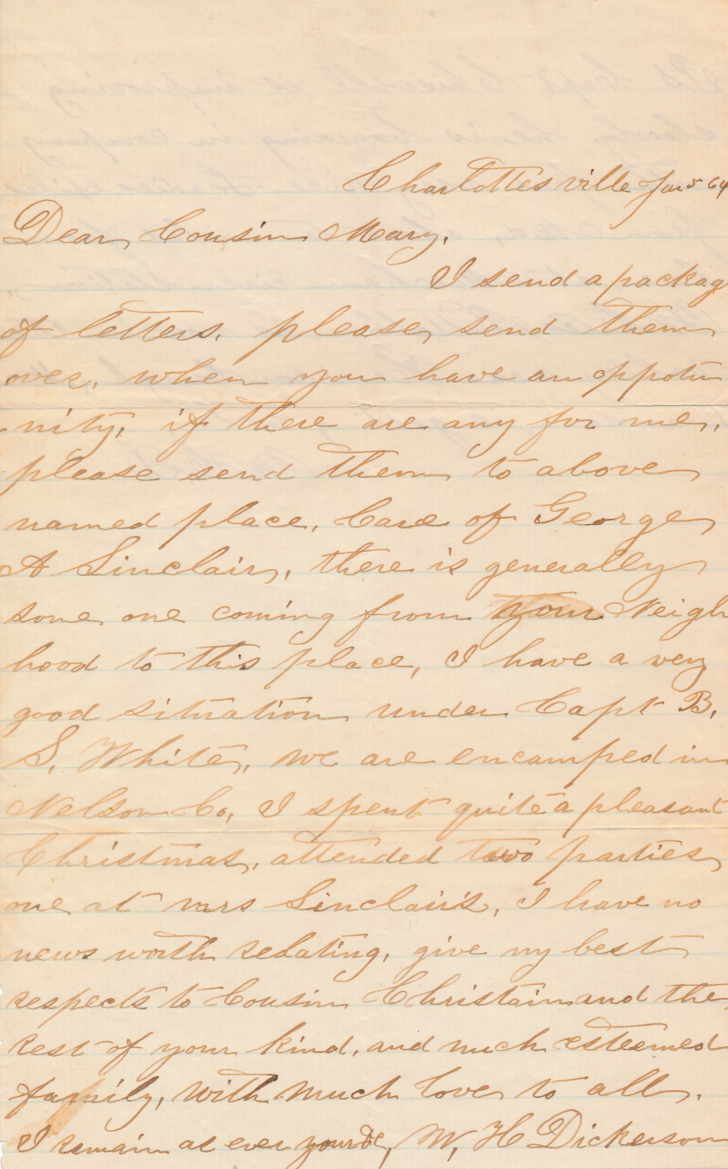 William H. Dickerson VA 35h Battalion Cav. Letter: William H. Dickerson B Co. VA 35th Battalion Cavalry Letter. From Charlottesville 1864