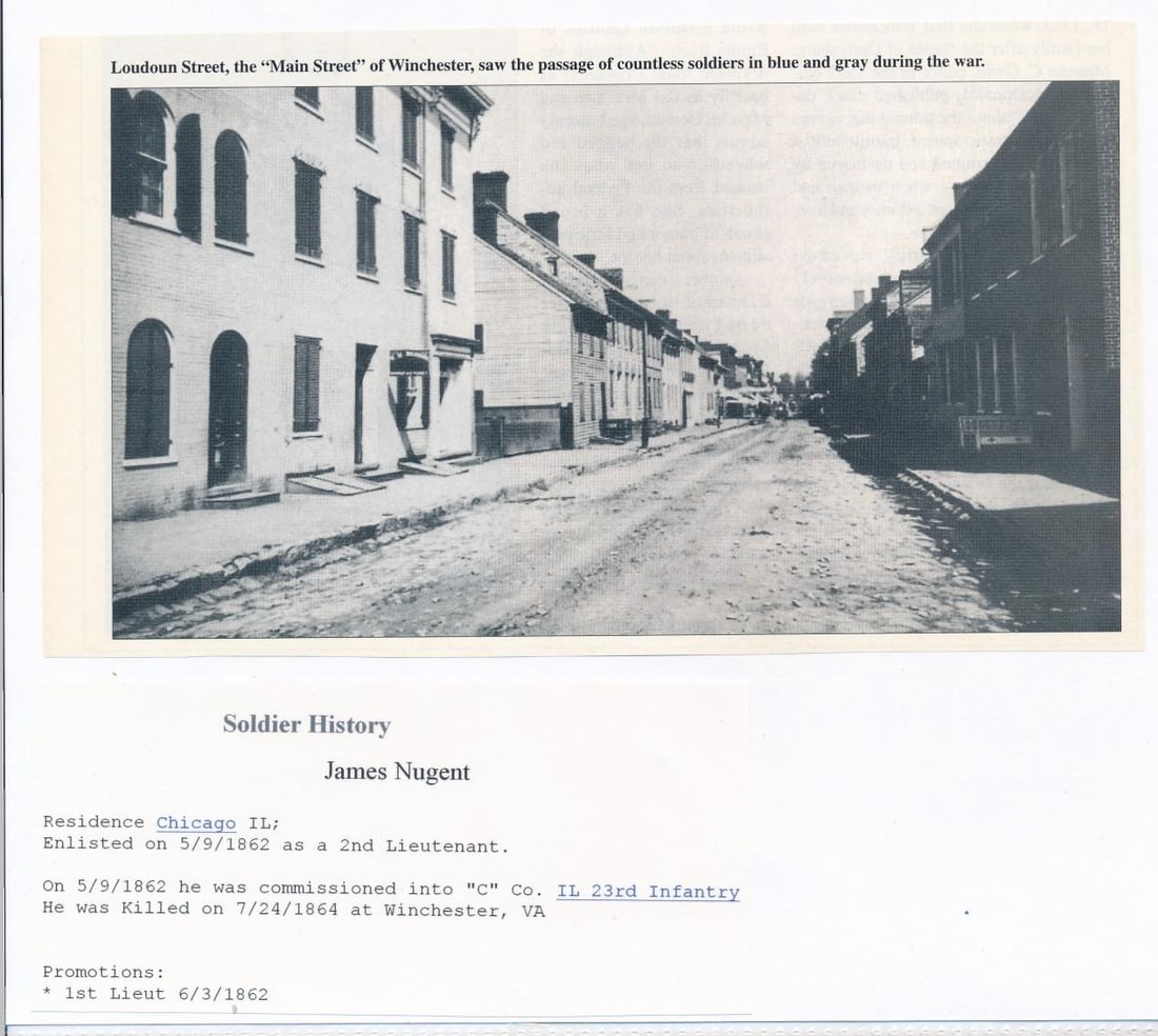 Lieut James H. Nugent 23rd Ill. Killed in Action Letter: Lieutenant James H. Nugent 23rd Illinois Killed in Action in Letter. Killed on 7/24/1864 at Winchester, VA