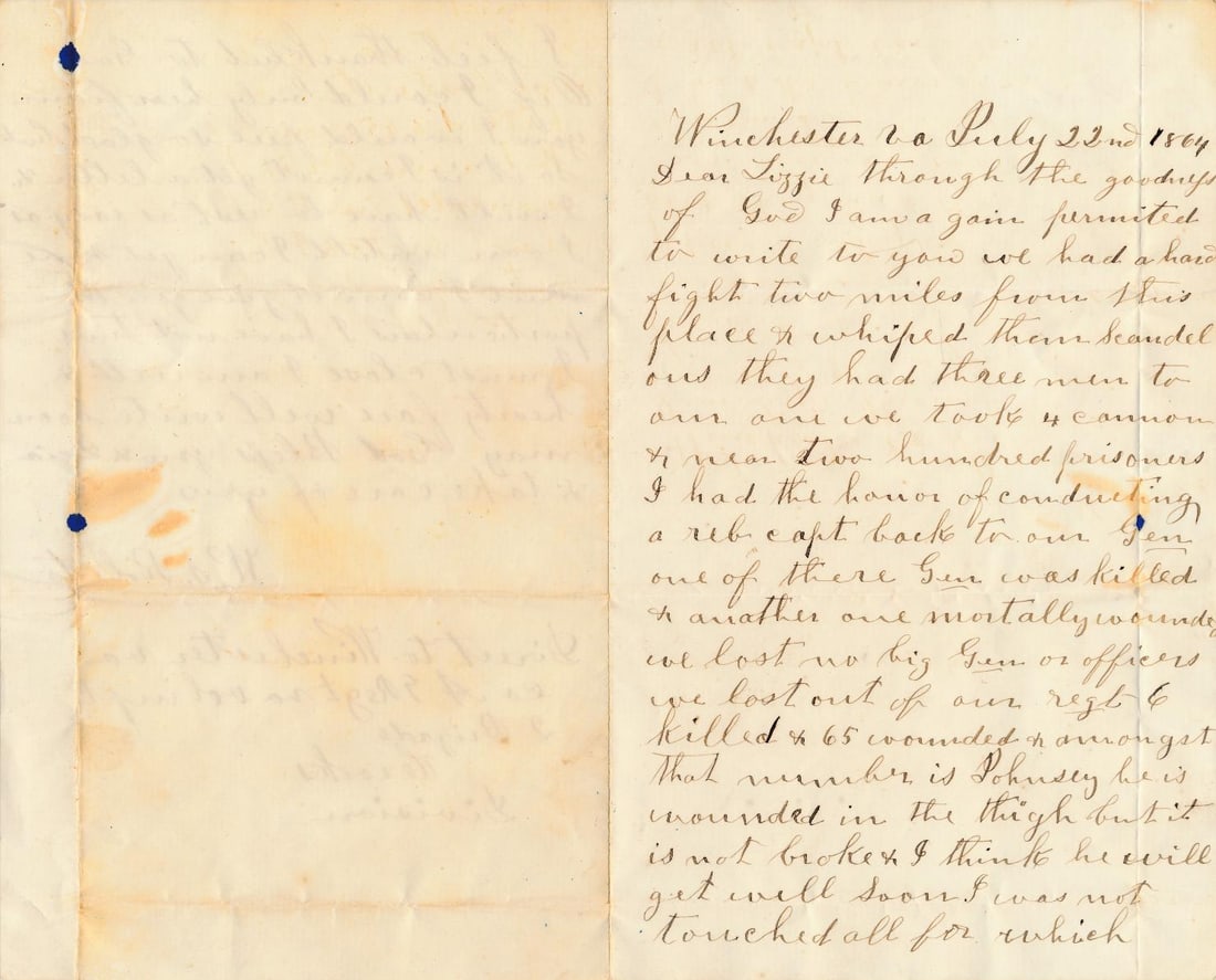 Walter S. Roberts Co. A West Virginia Infantry Letter: From Winchester, VA. Describes taking 4 cannons and "near two hundred prisoners" in battle near their location.