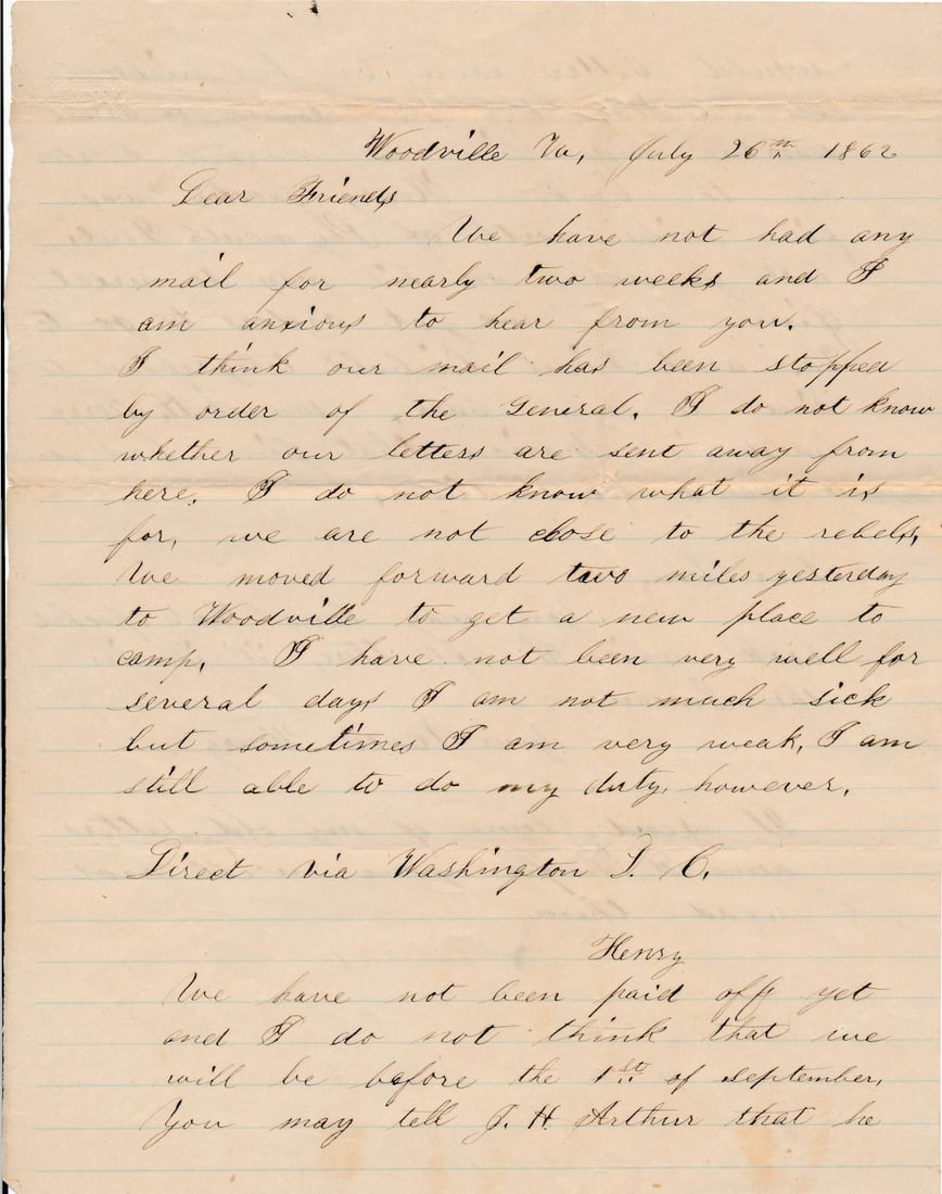 1862 Letter from Woodville, VA regarding Deserter (1 of 2)