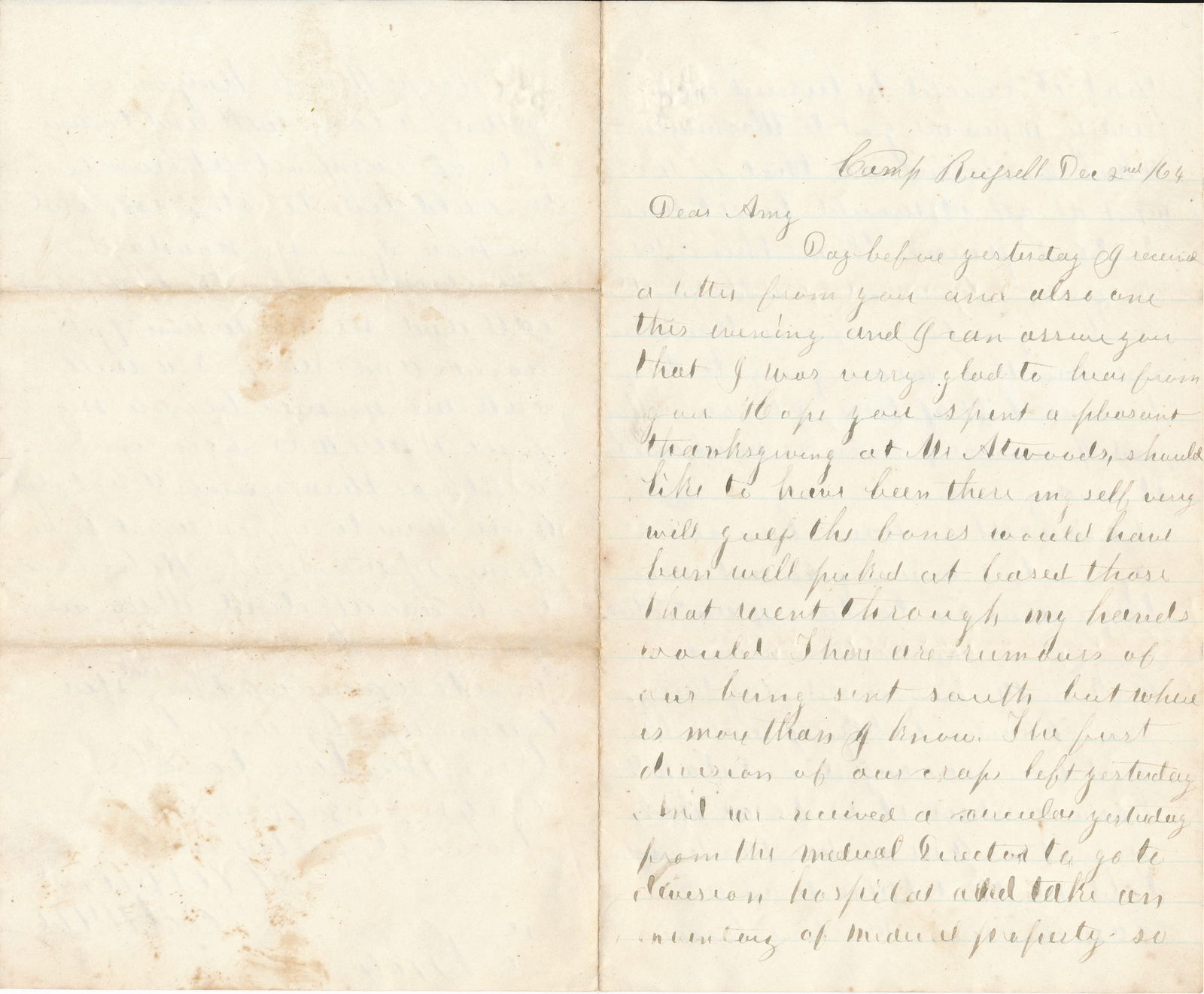 1864 Letter Camp Russell to Cambridge, Vermont: 1864 Civil War Letter from Camp Russell to Cambridge, Vermont. General Sherman and other Content