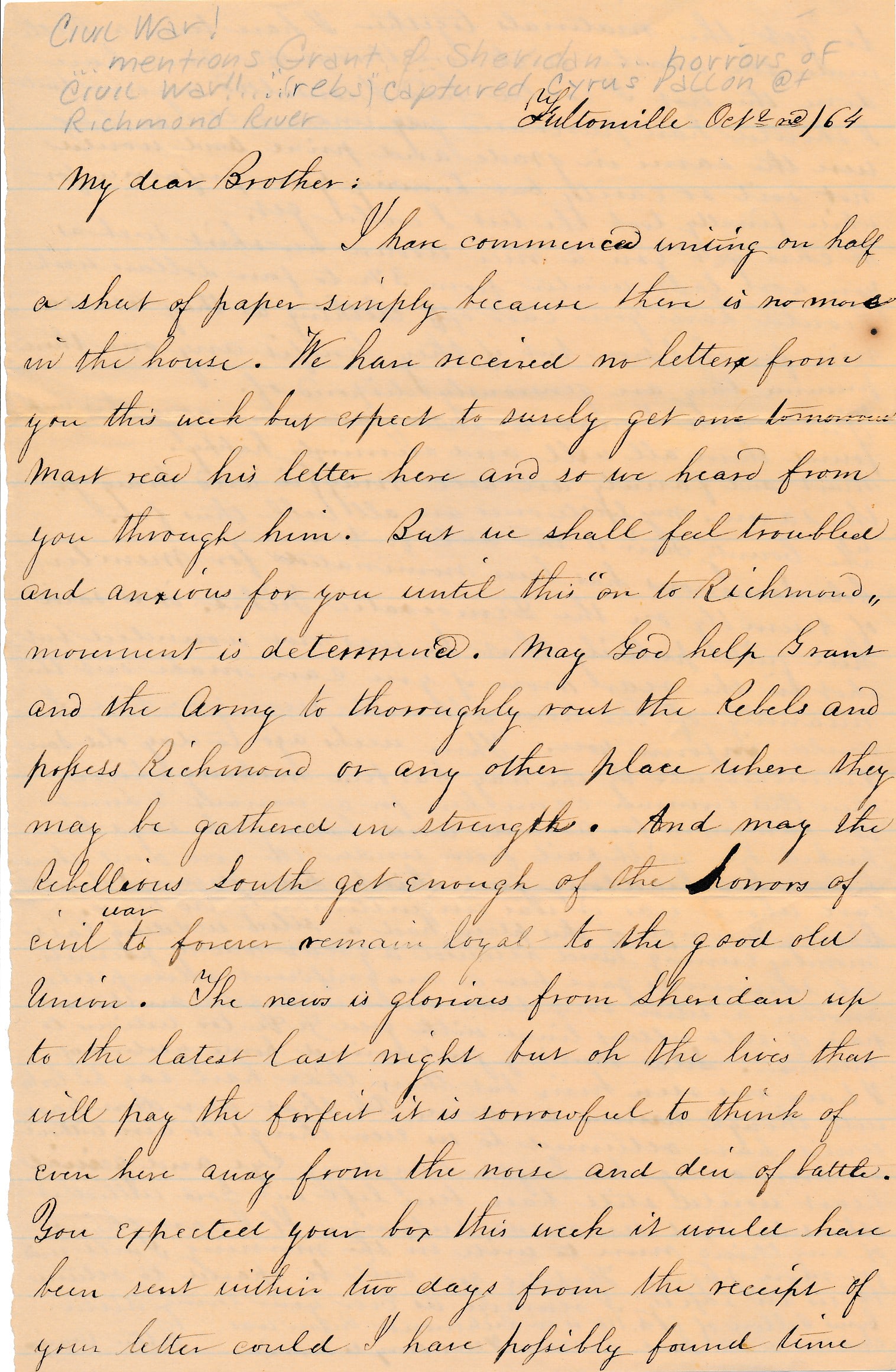 Thomas Craig (presumed) NY 115th Infantry Letter: Presumed to be Thomas Craig Co. E New York 115th Infantry Letter. Discussed "on to Richmond movement.