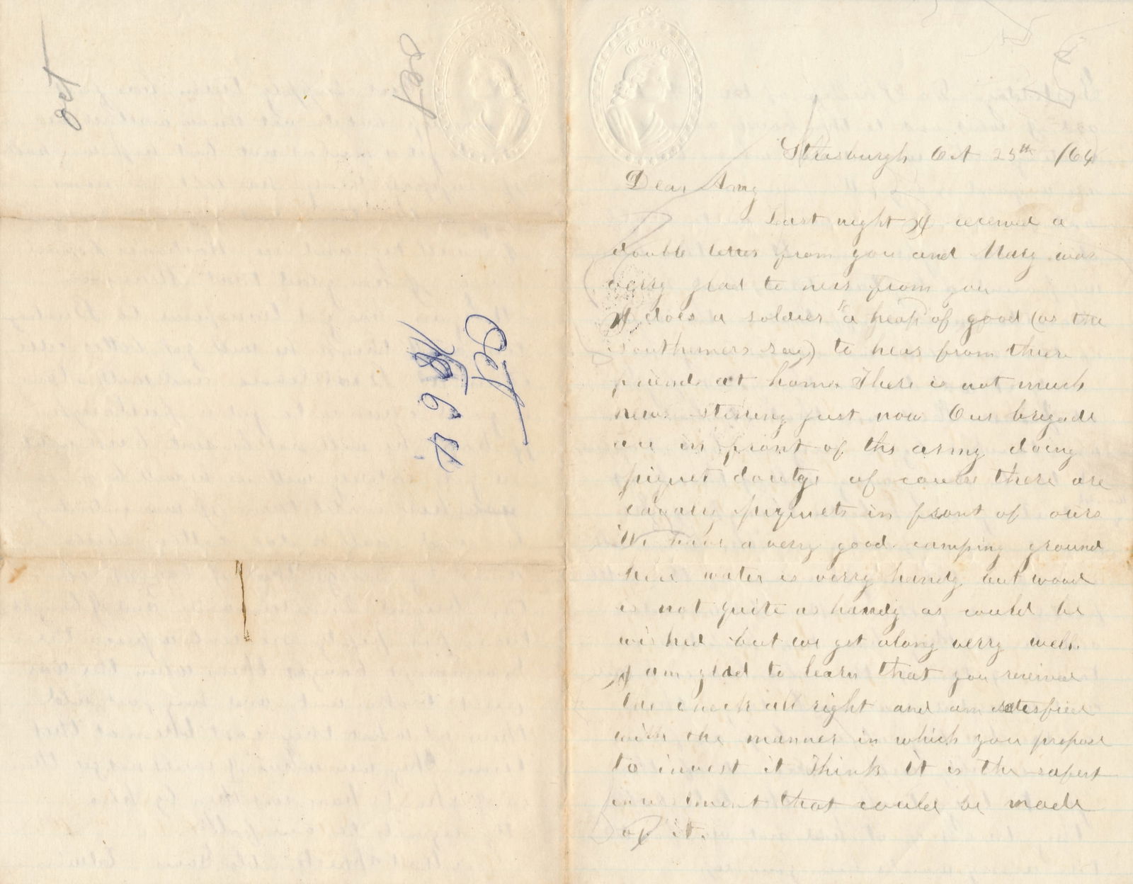 Strasburg Union Soldier discusses Wounded Letter: Letter from Strasburg 1864 Union Soldier discusses Wounded. Found a Captain who Lost his Arm and other Soldiers in Local Houses, From Edwin to Amy.