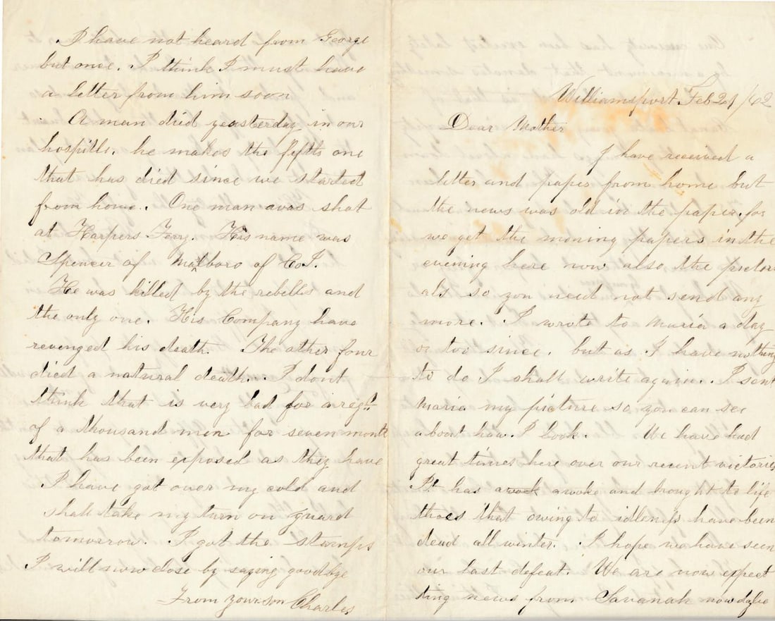 Charles Smith 1862 Letter Williamsport Feb/12/1862: We have great times here over our recent victory.