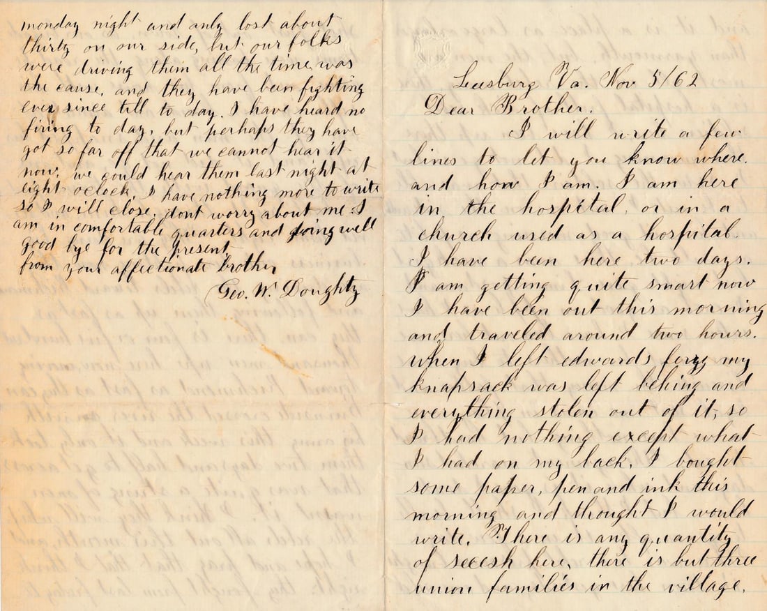 George W. Doughty 17th ME from Leesburg, VA: 1862 George W. Doughty 17th Maine Letter from Leesburg, VA. 1862 Letter by Private George W. Doughty, 17th Maine - After Virginia Civilian Fires Upon Union Troops, Soldier "put a ball right through hi