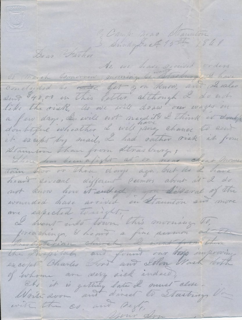 1861 Letter from Soldier ready to march to Strasburg: Also, sending $40 but concerned about the risk in sending it.