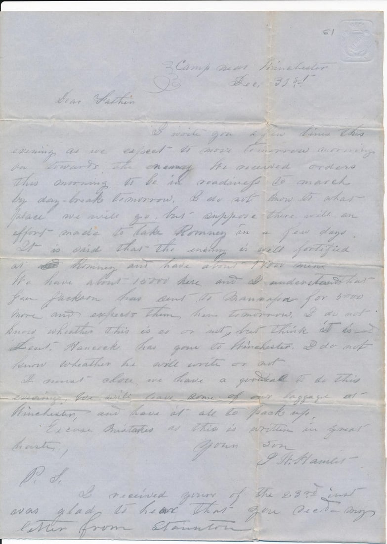 Winchester Civil War Letter regarding taking Romney (1 of 1)