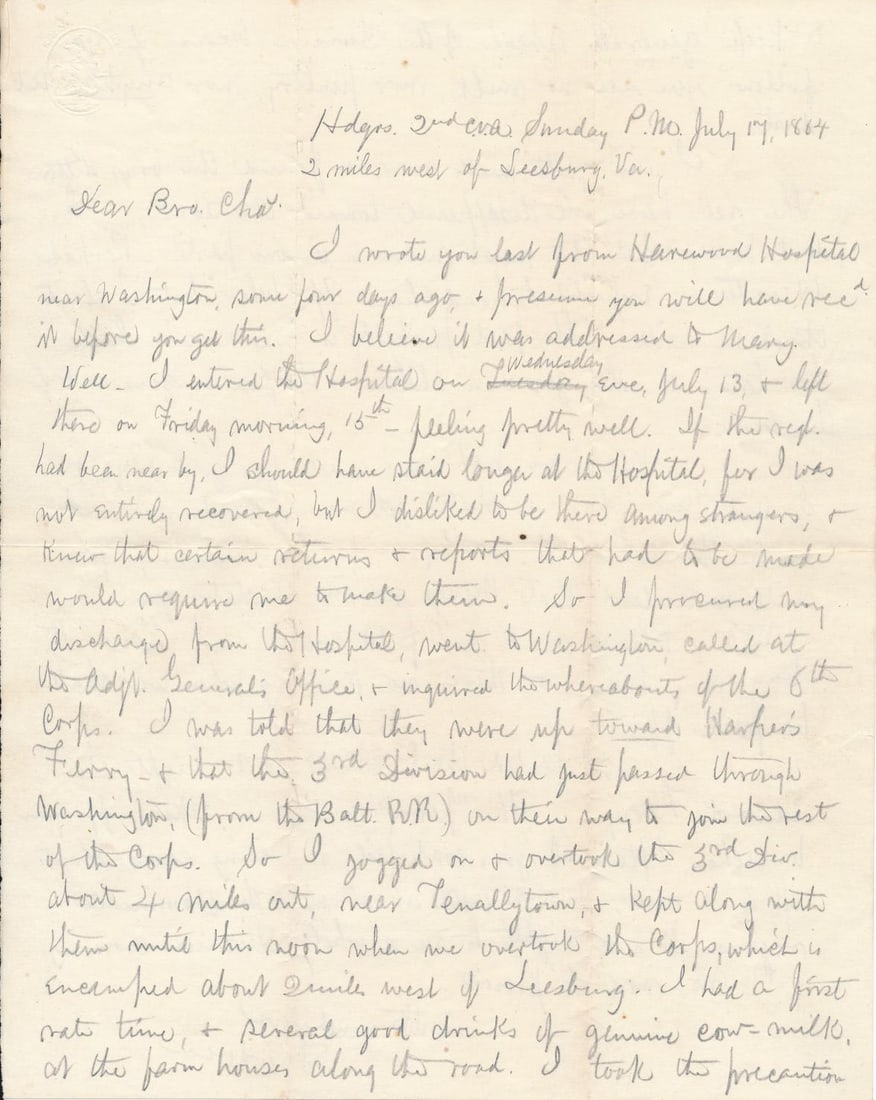L. Theodore F. Vaill 2nd CT Heavy Artillery Letter: He was wounded at Petersburg March 75, 1865