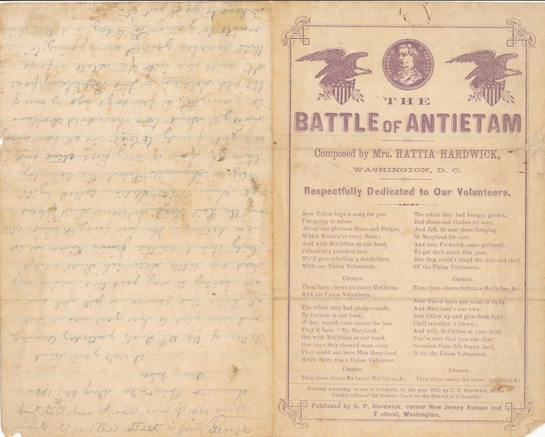 1864 Letter on Battle of Antietam Song Stationary: 1864 Summit Point, VA Letter on Battle of Antietam Song Stationary. "We have had one little skirmish since we left City Point." Graphics for the Battle of Antietam Composed by Mrs. Hattie Hardwick on